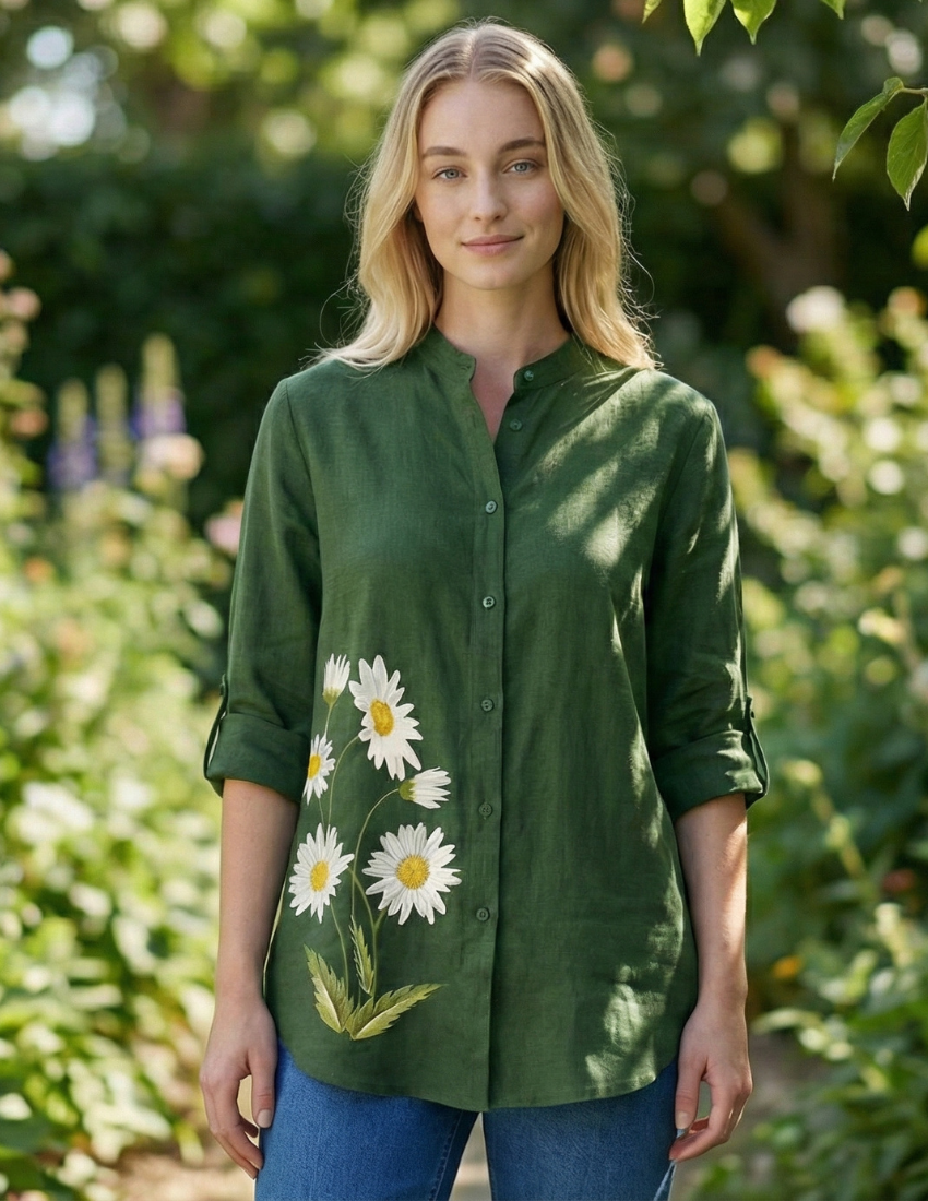 Classic Forest Green Daisy Printed Women’s Top