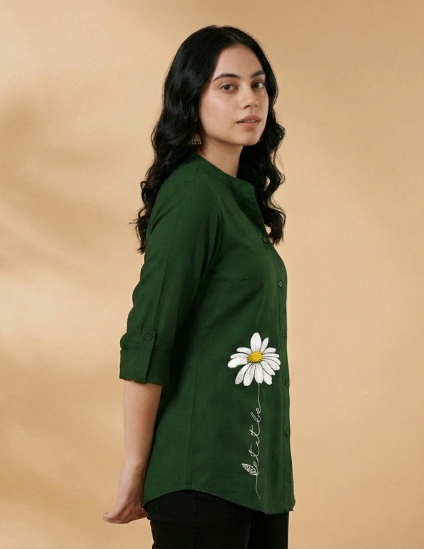 Dark Green Daisy Printed Western Top