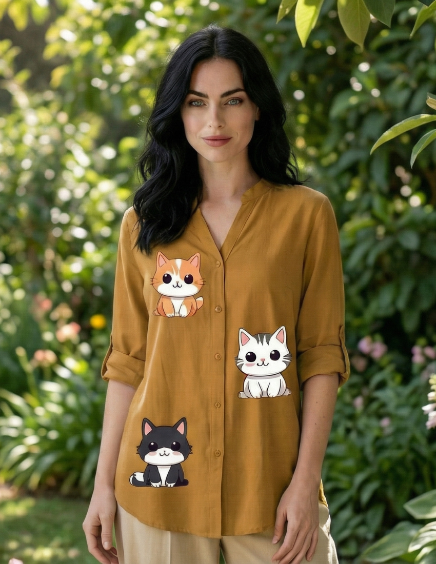 Women’s Cute Cat Printed Golden Ochre Top